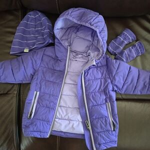 Purple Puffer Jacket with Hat and Mittens
